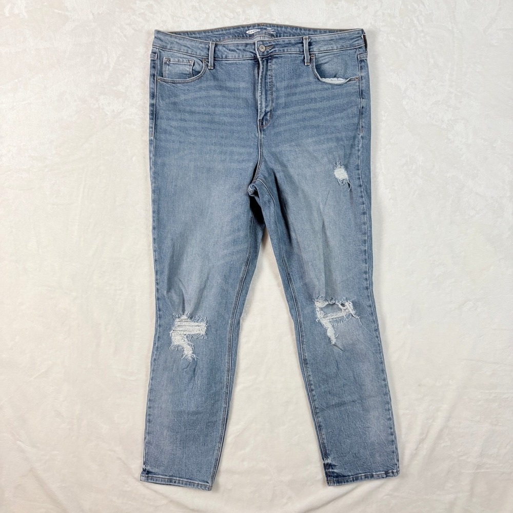 Old Navy Power Slim Straight Jeans Women 18 Tall Light Wash Excellent Distressed